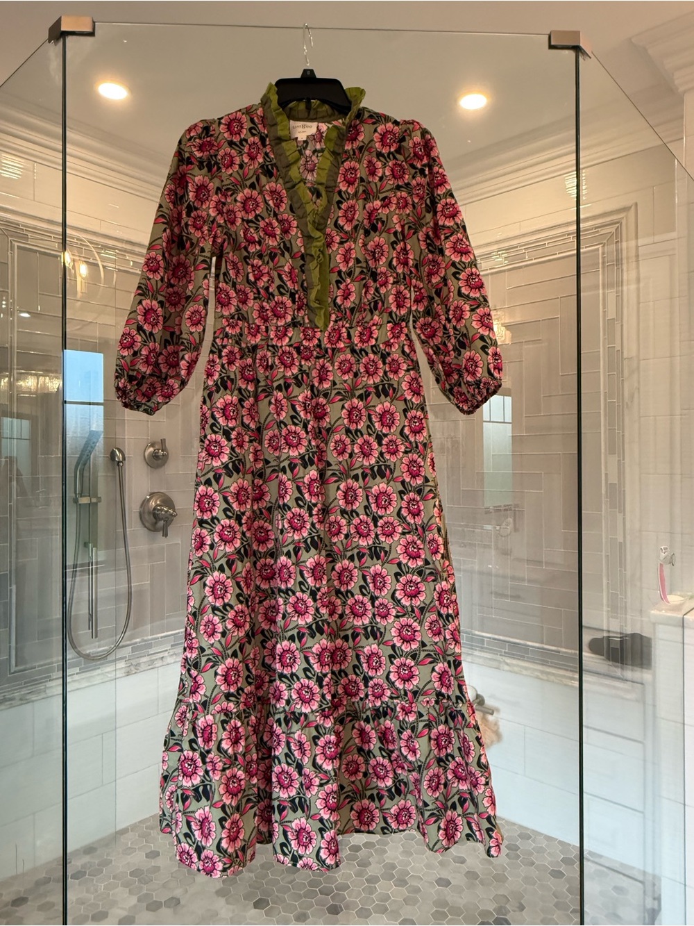 Umgee Pink Floral Maxi Dress with Olive Ruffle Trim